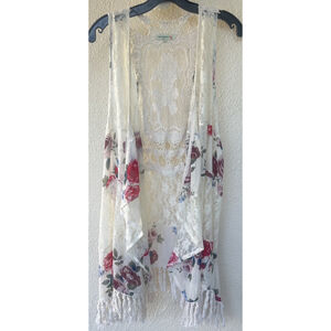 Vivid Importers Lace Crochet Floral Fringe Kimono Vest Size Large Boho Festival